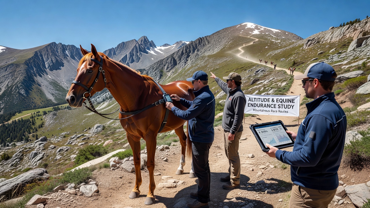 Veterinary team monitoring equine recovery after a high-altitude endurance race with equipment measuring oxygen saturation