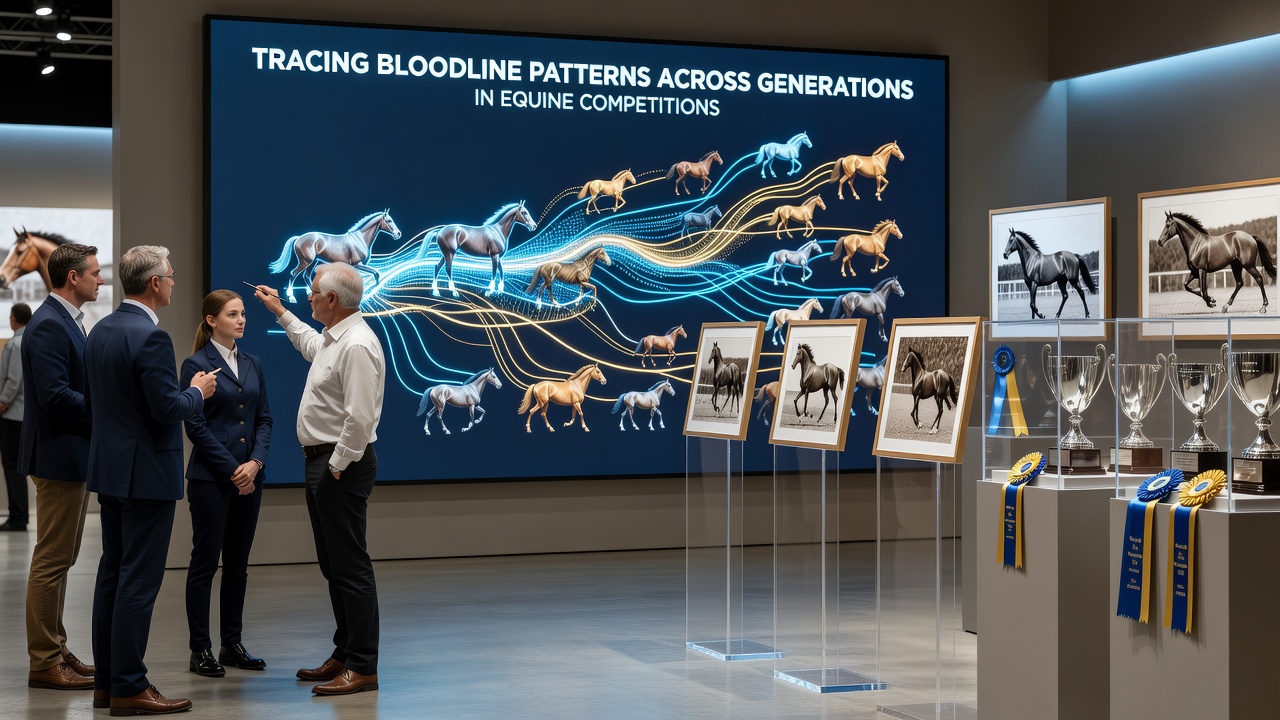 Veterinarian reviewing genetic test results alongside historical pedigree documents for an equine athlete